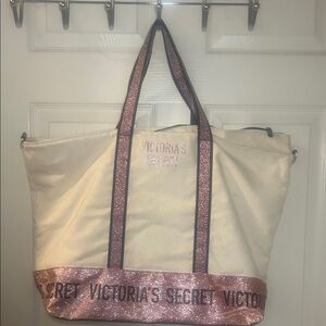 FREE w/any purchase Victoria's Secret Cream Tote with Pink Glitter Accents